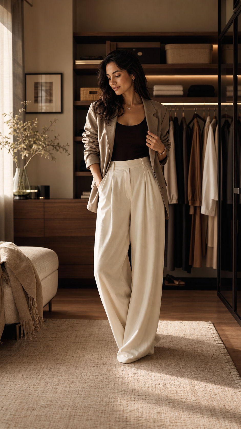 A stylish woman standing in a warm closet room